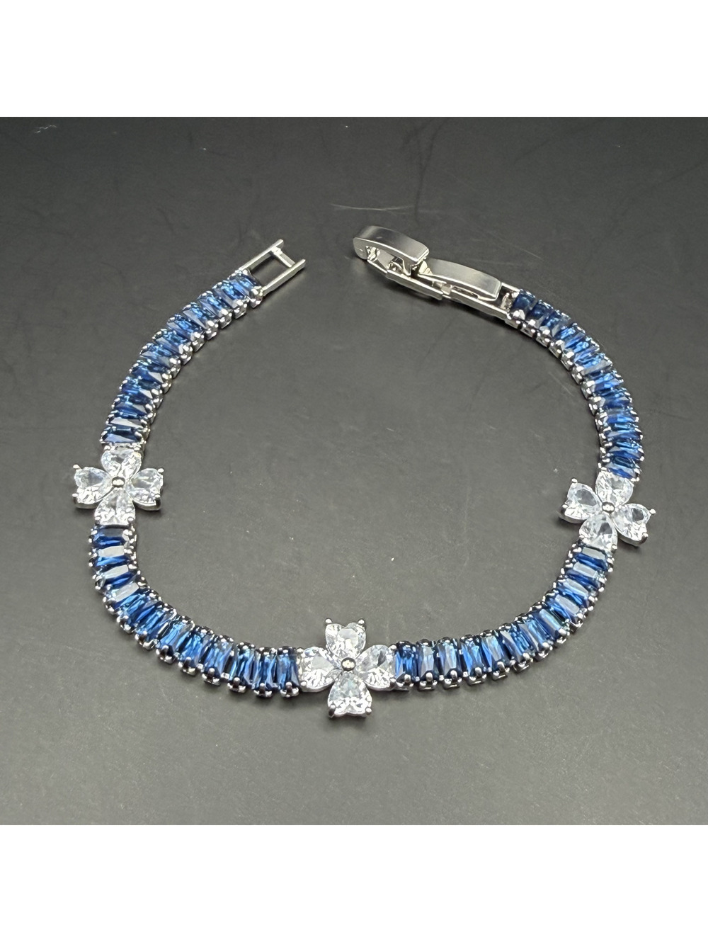candy+clover lond blue baguette and clear clover silver tone tennis bracelet